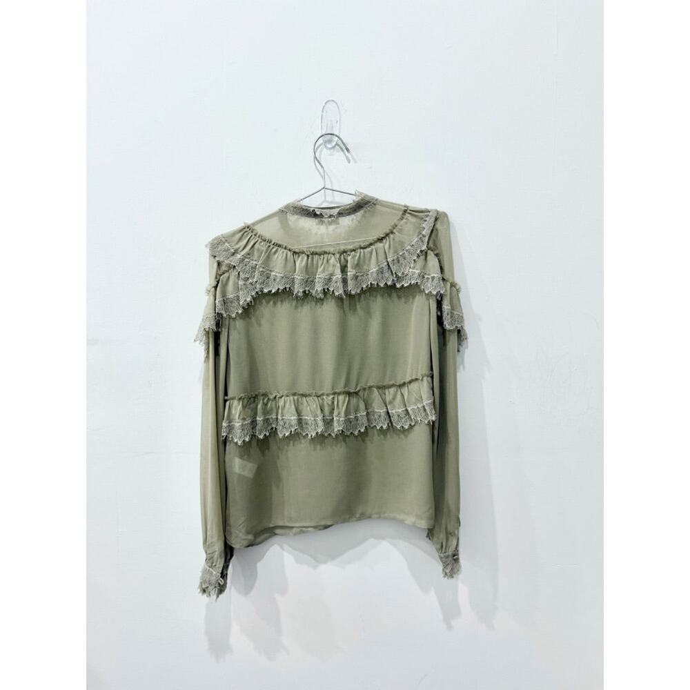 LoveShackFancy Ruffle Lace Trim Clara Silk Blouse Raffia Brown Womens Sze Medium - Picture 3 of 5